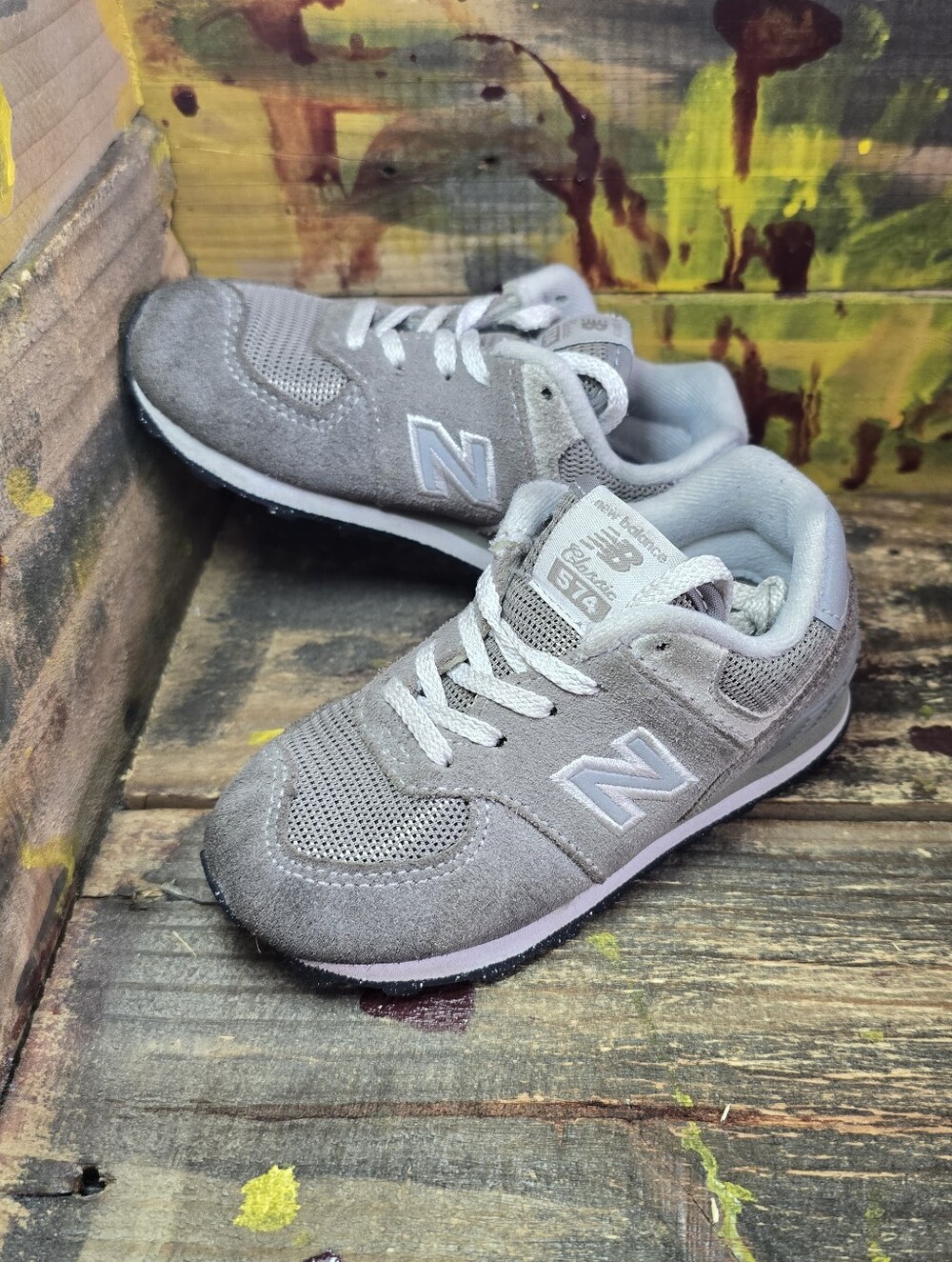 New Balance 574 Gray White Sneakers IC574EVG Suede Toddler Size 7c Used